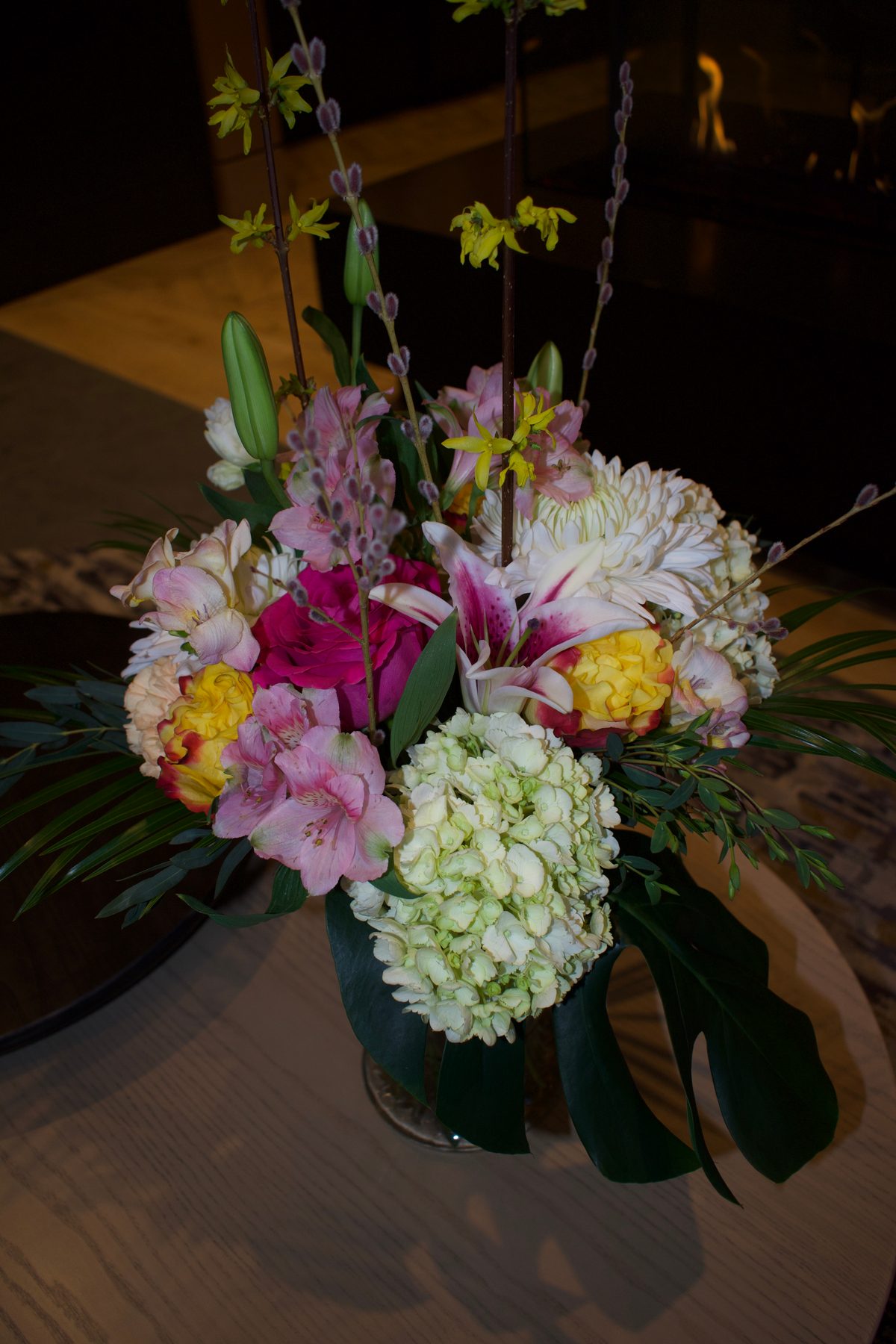 Tropical hydrangea and orchid arrangement