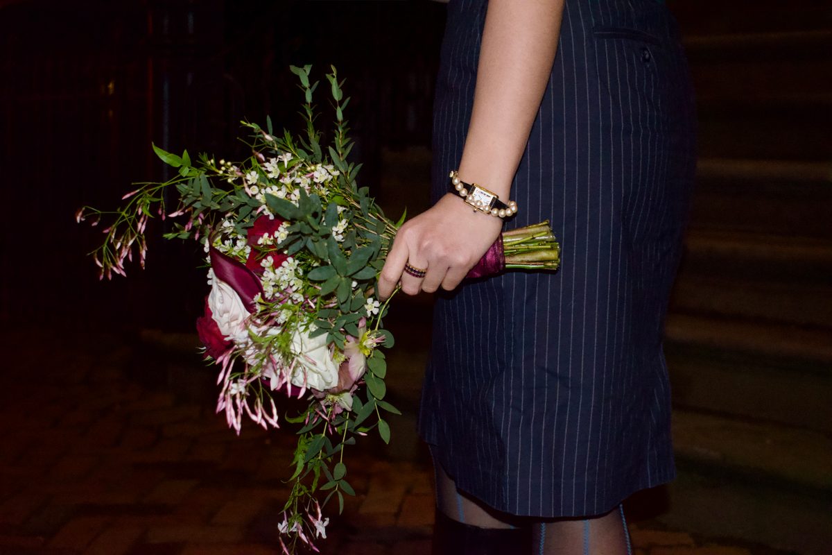 Moody romance bridal bouquet with dramatic florals